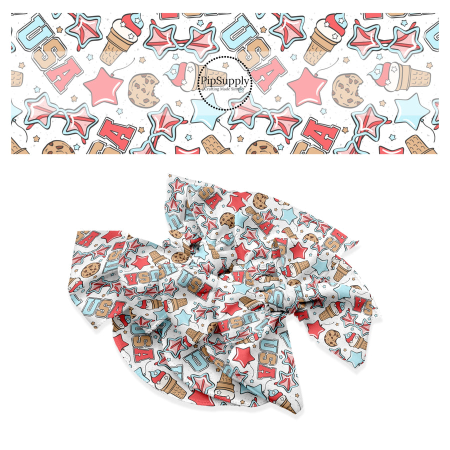 These 4th of July themed no sew bow strips can be easily tied and attached to a clip for a finished hair bow. These patterned bow strips are great for personal use or to sell. These bow strips features USA, star-shaped sun glasses, cookies, and ice cream. The designer of this pattern is Julie Storie Designs.