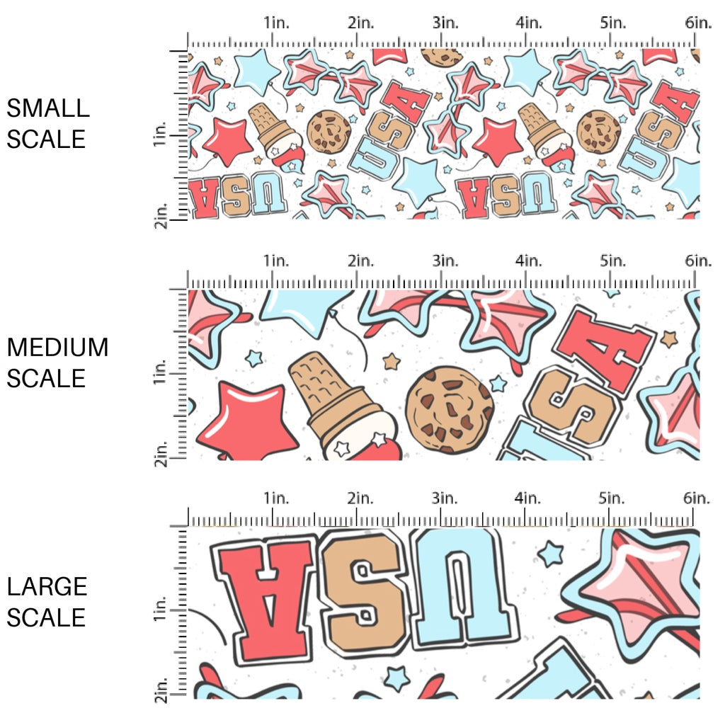 This scale chart of small scale, medium scale, and large scale of this 4th of July fabric by the yard features USA, star-shaped sun glasses, cookies, and ice cream. This fun patriotic themed fabric can be used for all your sewing and crafting needs!