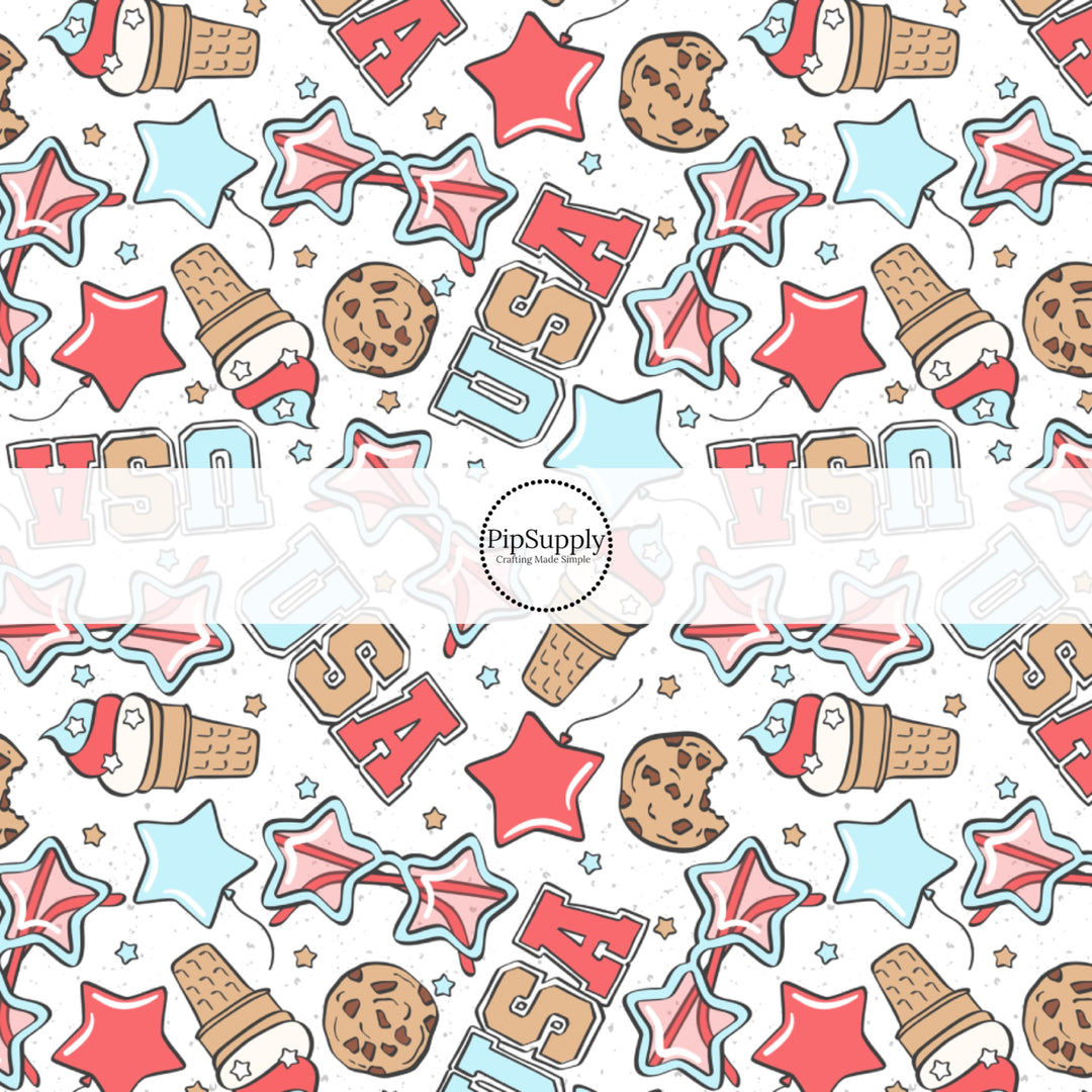 This 4th of July fabric by the yard features USA, star-shaped sun glasses, cookies, and ice cream. This fun patriotic themed fabric can be used for all your sewing and crafting needs!