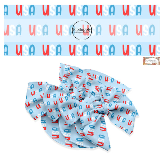 These 4th of July themed no sew bow strips can be easily tied and attached to a clip for a finished hair bow. These patterned bow strips are great for personal use or to sell. These bow strips features USA on blue.