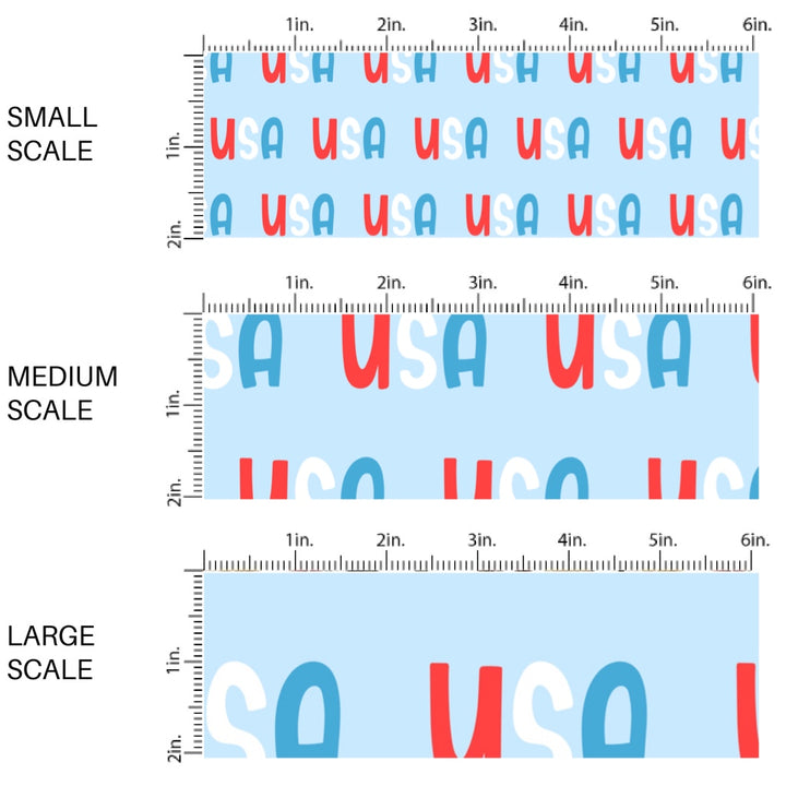 This scale chart of small scale, medium scale, and large scale of this 4th of July fabric by the yard features USA on blue. This fun patriotic themed fabric can be used for all your sewing and crafting needs!