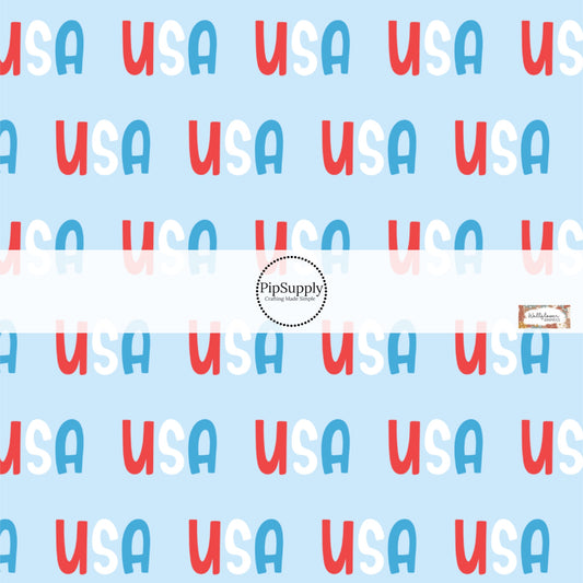 This 4th of July fabric by the yard features USA on blue. This fun patriotic themed fabric can be used for all your sewing and crafting needs!