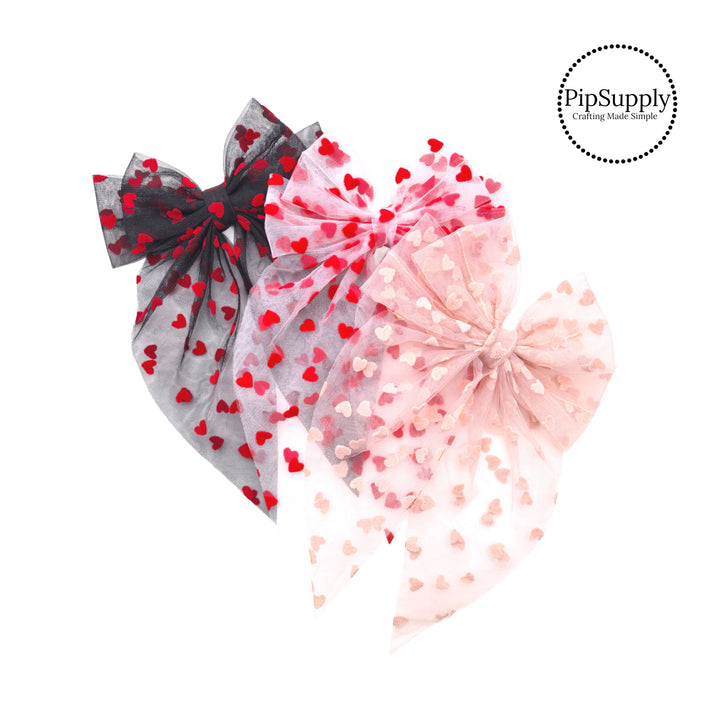 These heart tulle pre-cut tied bows are ready to package and resell to your customers no sewing or measuring necessary! These hair bows come with a alligator clip already attached.