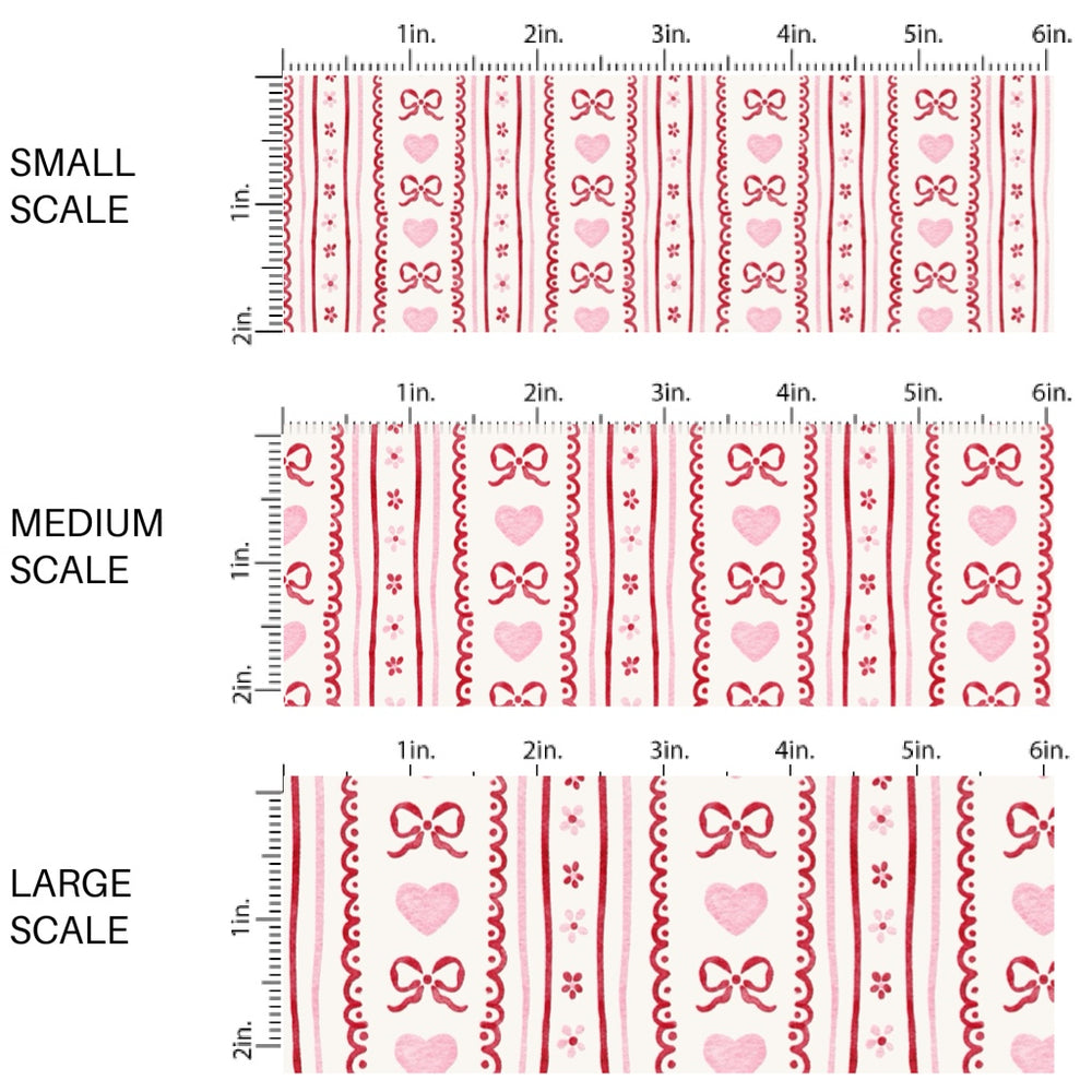 This holiday fabric by the yard features Valentine hearts, bows, and stripes. This festive pattern fabric can be used for all your sewing and crafting needs!