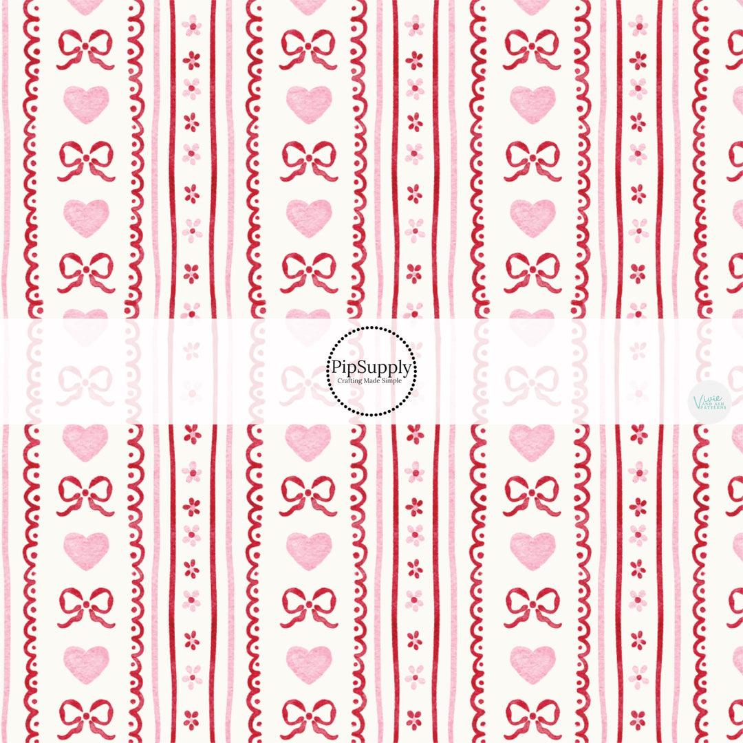 This holiday fabric by the yard features Valentine hearts, bows, and stripes. This festive pattern fabric can be used for all your sewing and crafting needs!