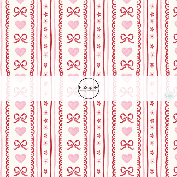 This holiday fabric by the yard features Valentine hearts, bows, and stripes. This festive pattern fabric can be used for all your sewing and crafting needs!