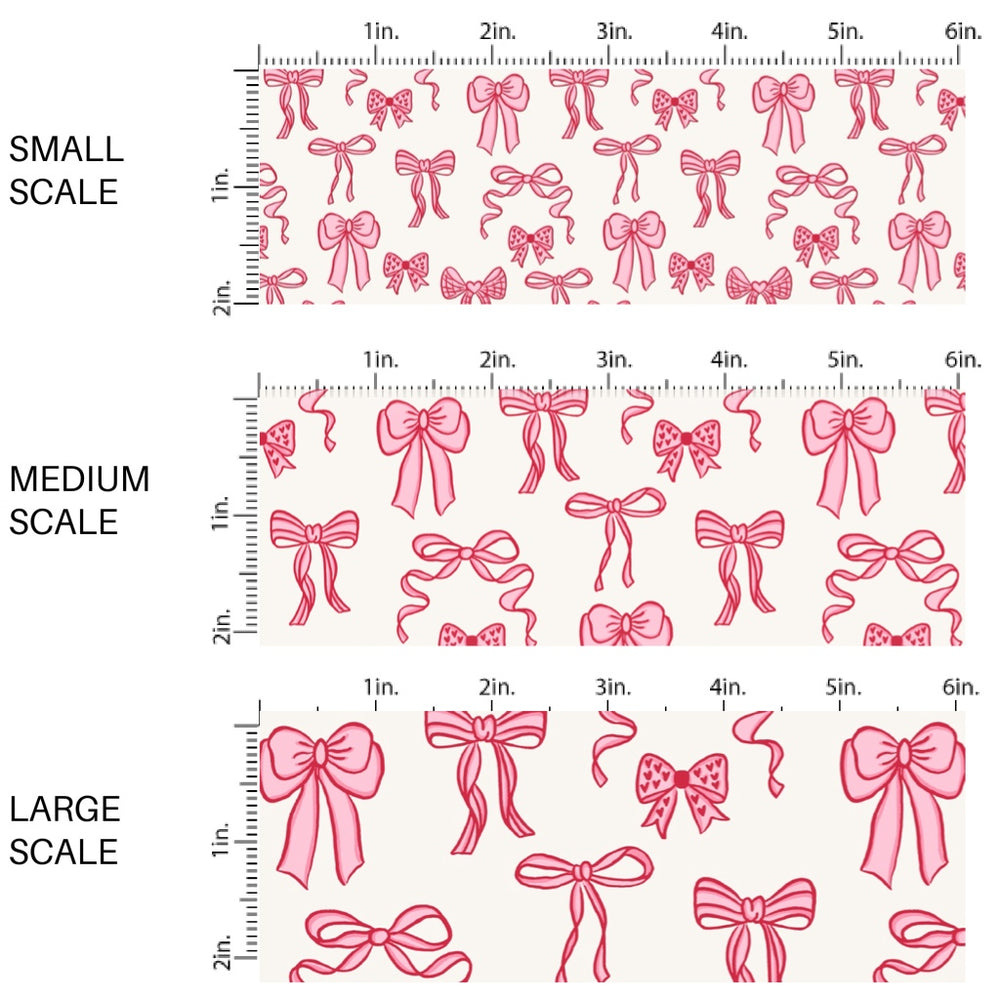 This holiday fabric by the yard features pink Valentine bows. This festive pattern fabric can be used for all your sewing and crafting needs!