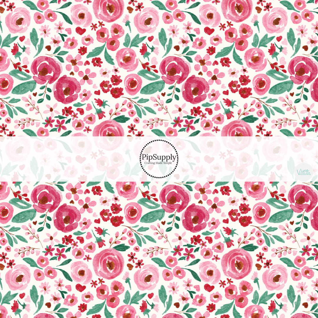 This holiday fabric by the yard features Valentine floral. This festive pattern fabric can be used for all your sewing and crafting needs!