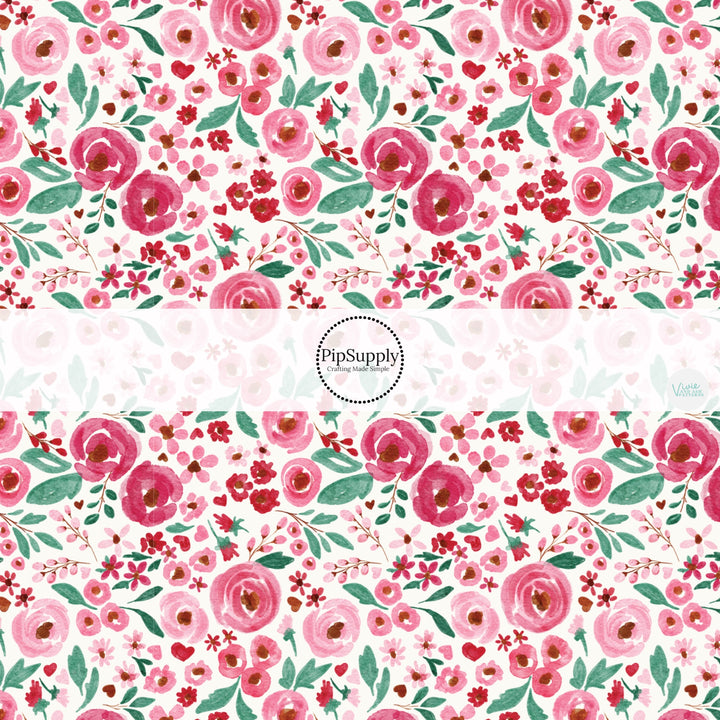 This holiday fabric by the yard features Valentine floral. This festive pattern fabric can be used for all your sewing and crafting needs!