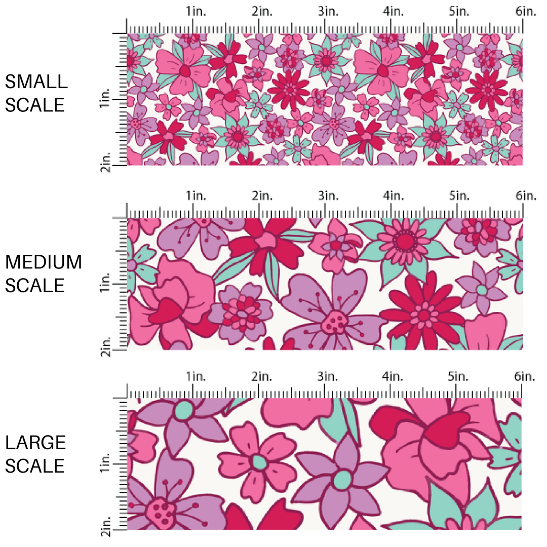 Pink, Purple, and Teal Romantic Florals on White Fabric by the Yard scaled image guide.