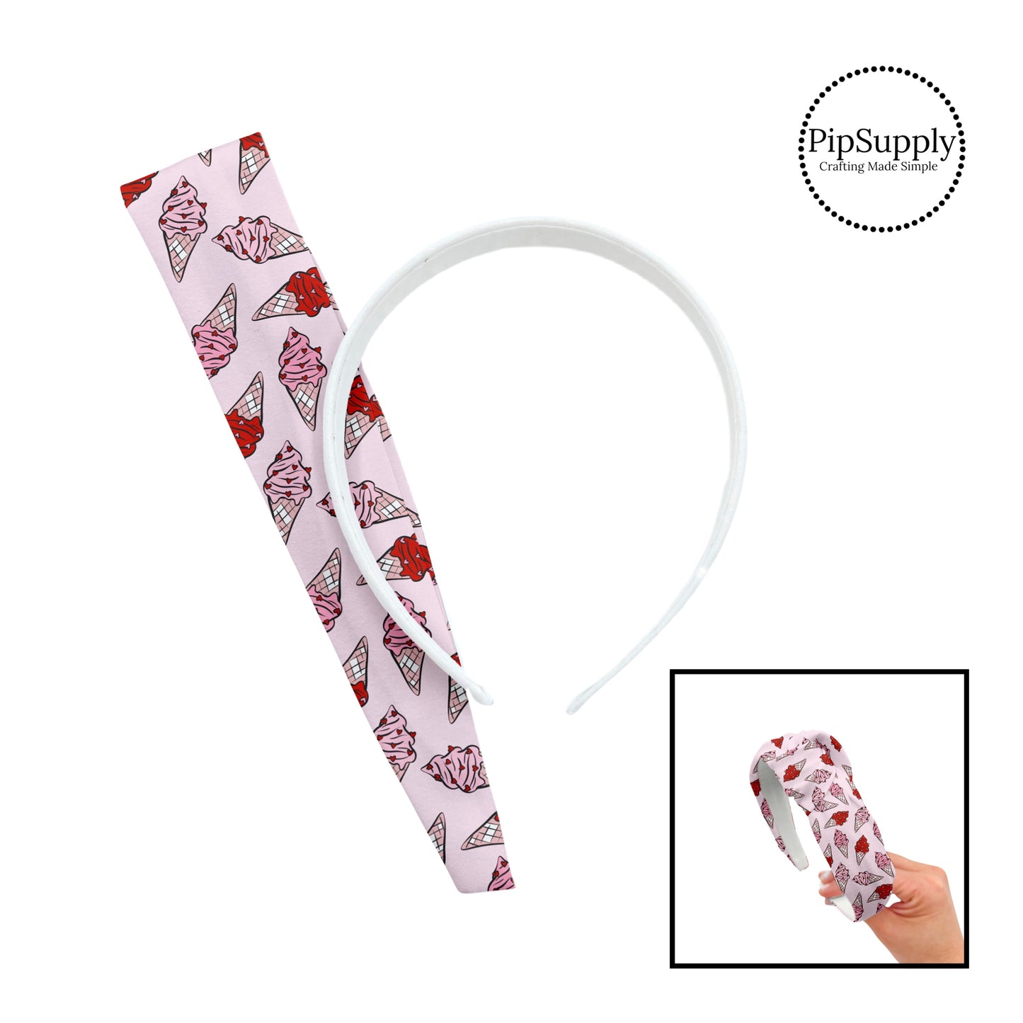 Pink and red ice cream on cones on pink knotted headband kit