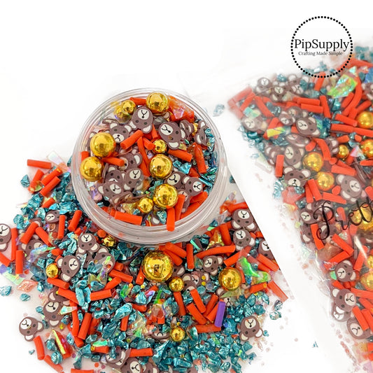 Gold pearls, orange sprinkles, blue confetti, and brown bears clay slice mix