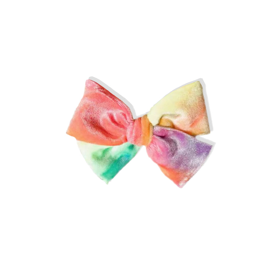 These rainbow tie dye velvet pre-cut tied bows are ready to package and resell to your customers no sewing or measuring necessary! These hair bows come with a alligator clip already attached.
