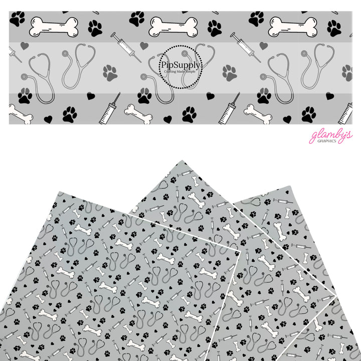 These veterinarian themed faux leather sheets contain the following design elements: stethoscopes, needles, and paw prints. Our CPSIA compliant faux leather sheets or rolls can be used for all types of crafting projects.