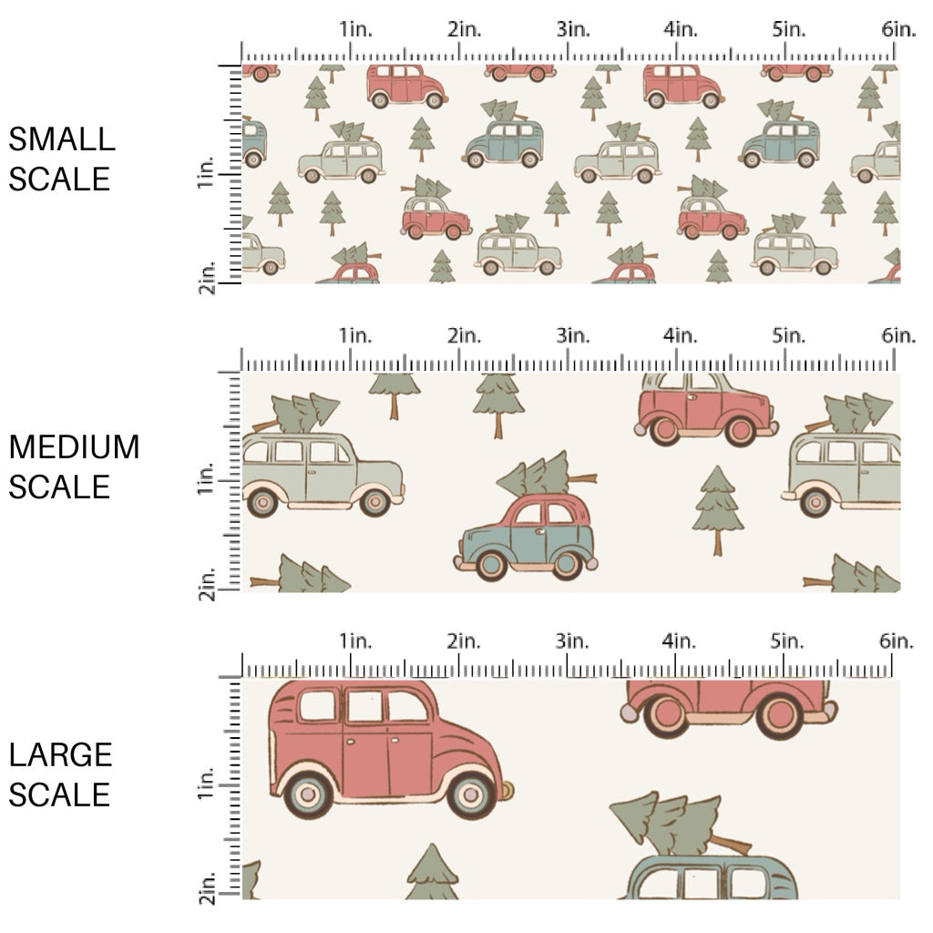 These Christmas themed pattern fabric by the yard features the following design elements: vintage trucks carrying Christmas trees on cream. This fun themed fabric can be used for all your sewing and crafting needs!