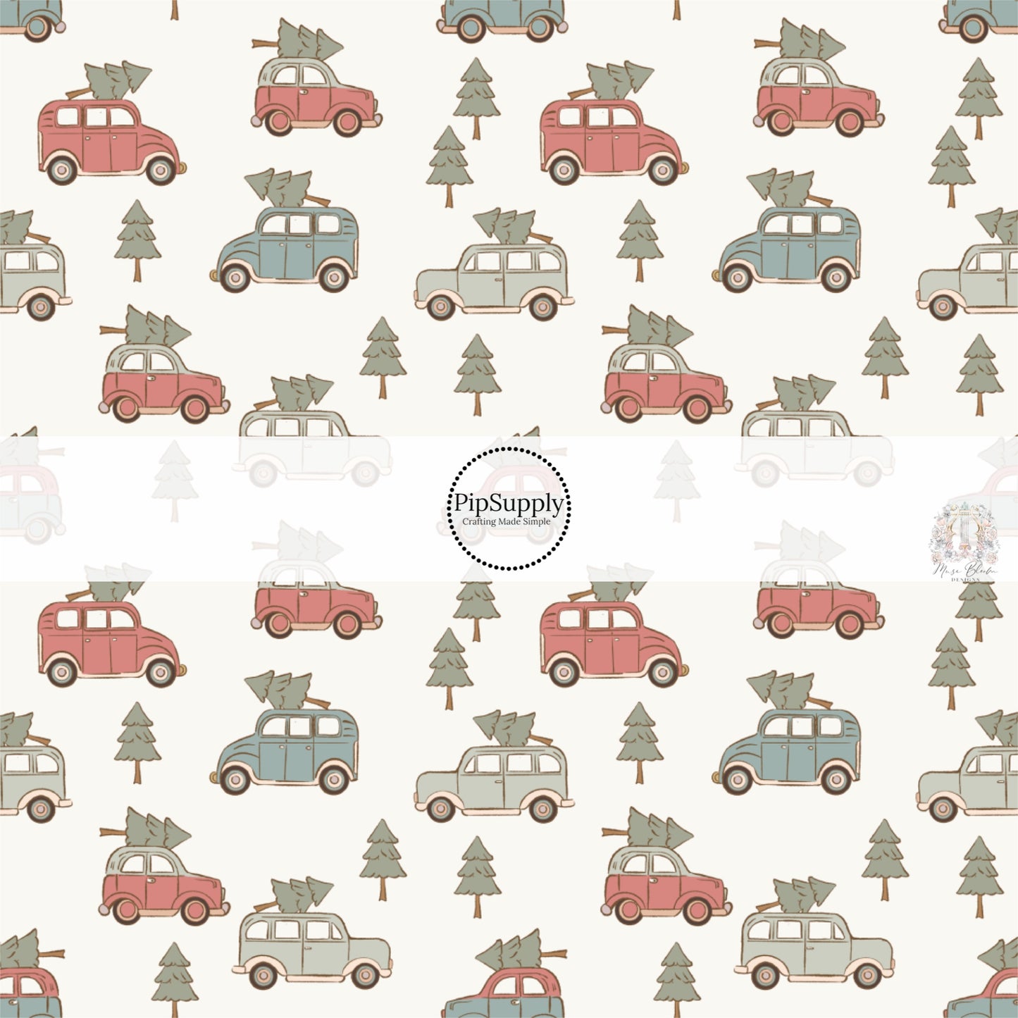 These Christmas themed pattern fabric by the yard features the following design elements: vintage trucks carrying Christmas trees on cream. This fun themed fabric can be used for all your sewing and crafting needs!