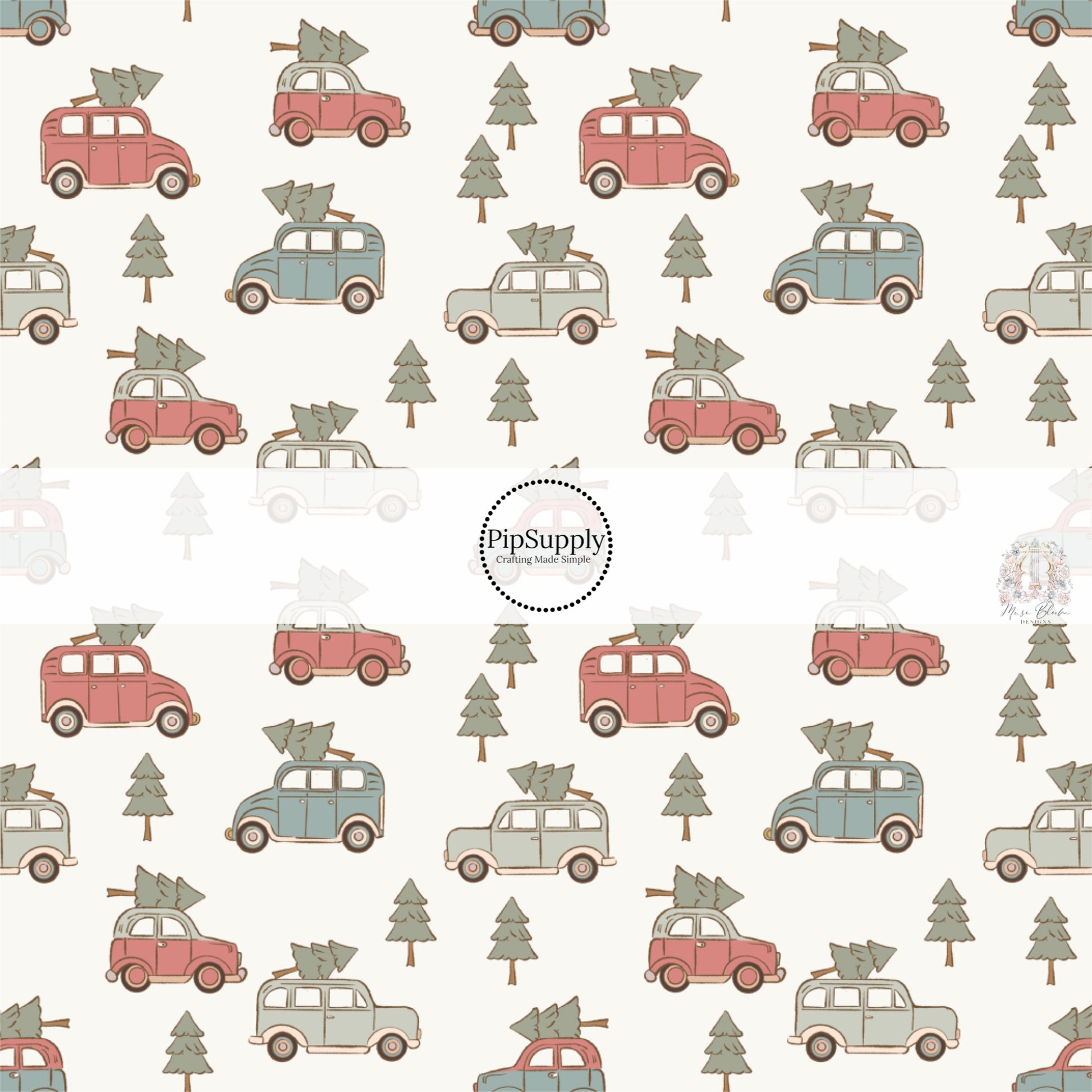 These Christmas themed pattern fabric by the yard features the following design elements: vintage trucks carrying Christmas trees on cream. This fun themed fabric can be used for all your sewing and crafting needs!