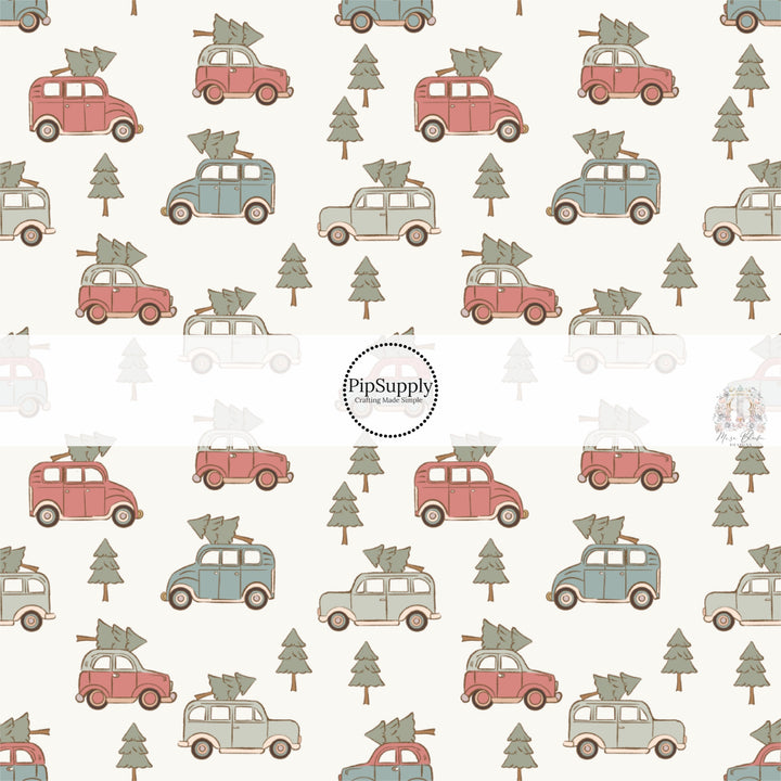 These Christmas themed pattern fabric by the yard features the following design elements: vintage trucks carrying Christmas trees on cream. This fun themed fabric can be used for all your sewing and crafting needs!