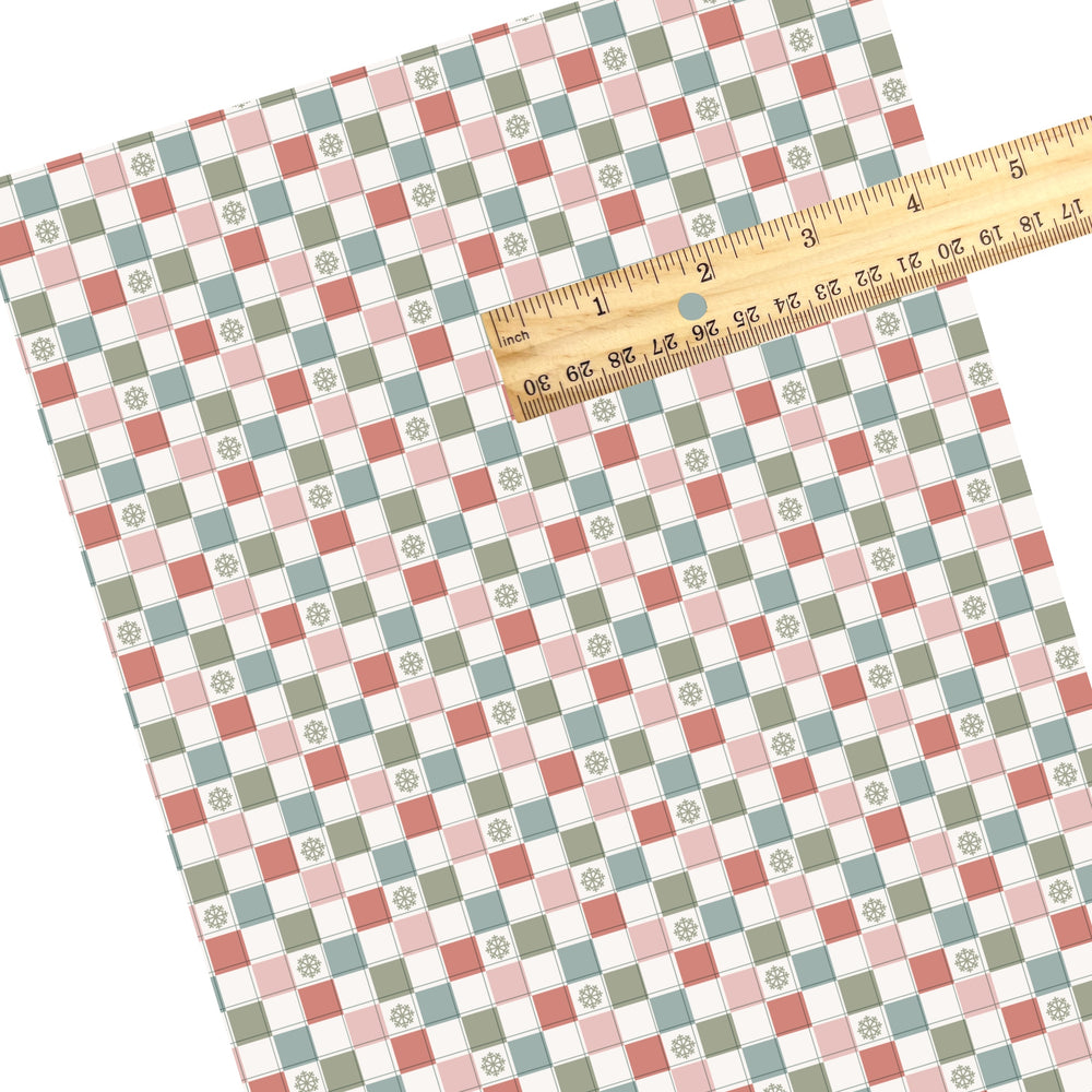 These winter themed pattern faux leather sheets contain the following design elements: holiday vintage colorful checker pattern. Our CPSIA compliant faux leather sheets or rolls can be used for all types of crafting projects.