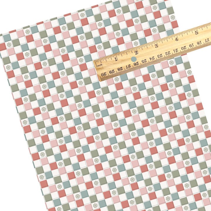 These winter themed pattern faux leather sheets contain the following design elements: holiday vintage colorful checker pattern. Our CPSIA compliant faux leather sheets or rolls can be used for all types of crafting projects.