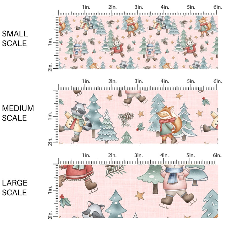 These winter woodland animal themed pattern fabric by the yard features the following design elements: woodland animals with hats, scarves, and ice skates surrounded by winter trees. This fun themed fabric can be used for all your sewing and crafting needs!