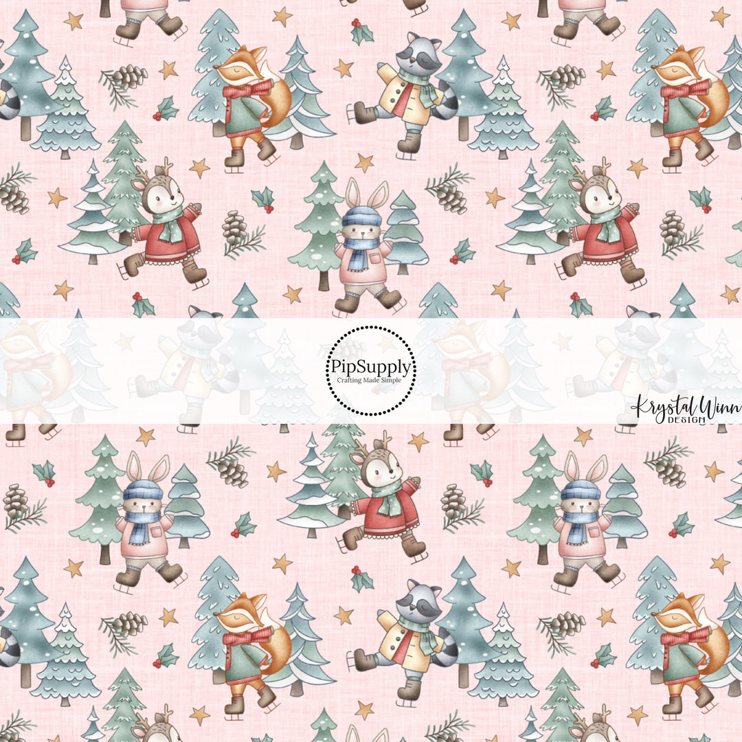 These winter woodland animal themed pattern fabric by the yard features the following design elements: woodland animals with hats, scarves, and ice skates surrounded by winter trees. This fun themed fabric can be used for all your sewing and crafting needs!