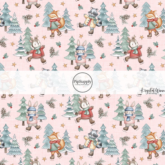 These winter woodland animal themed pattern fabric by the yard features the following design elements: woodland animals with hats, scarves, and ice skates surrounded by winter trees. This fun themed fabric can be used for all your sewing and crafting needs!