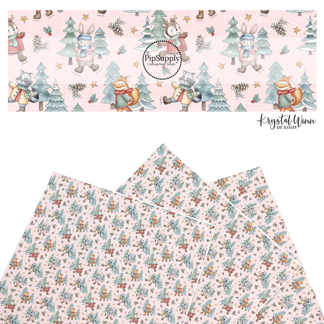 These winter woodland animal themed pattern faux leather sheets contain the following design elements: woodland animals with hats, scarves, and ice skates surrounded by winter trees. Our CPSIA compliant faux leather sheets or rolls can be used for all types of crafting projects.