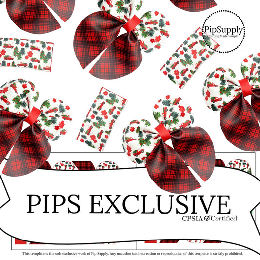 Red christmas truck with christmas trees and plaid bubble faux leather hair bows