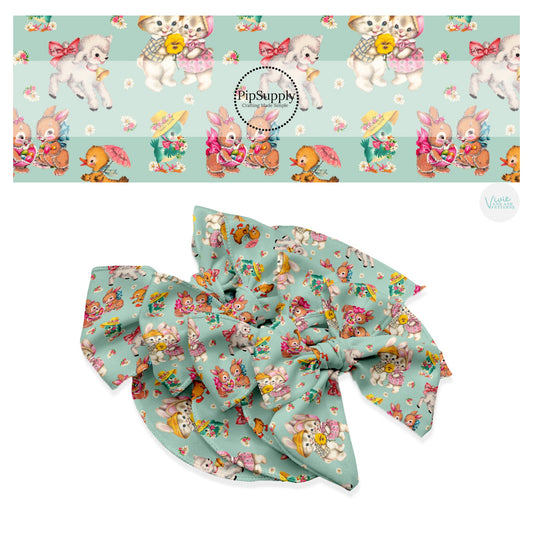 These spring themed no sew bow strips can be easily tied and attached to a clip for a finished hair bow. These patterned bow strips are great for personal use or to sell. These bow strips features spring garden friends on aqua.