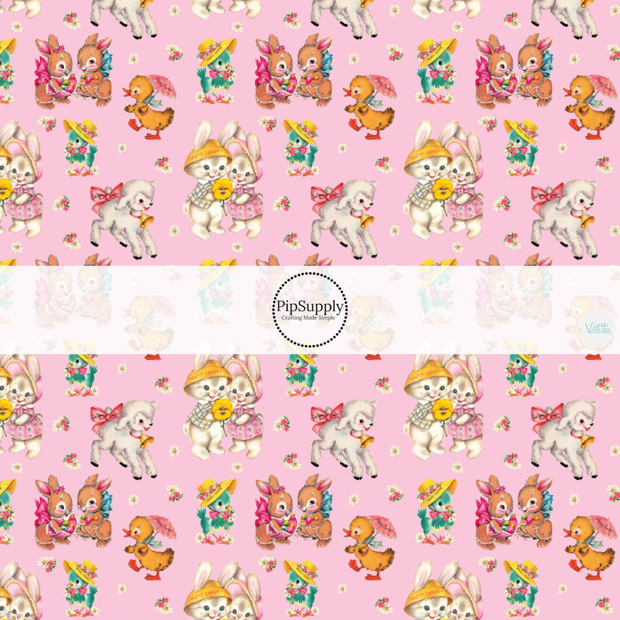 This Easter themed fabric by the yard features spring vintage animals with flowers, hats, and umbrellas. This fun pattern fabric can be used for all your sewing and crafting needs!