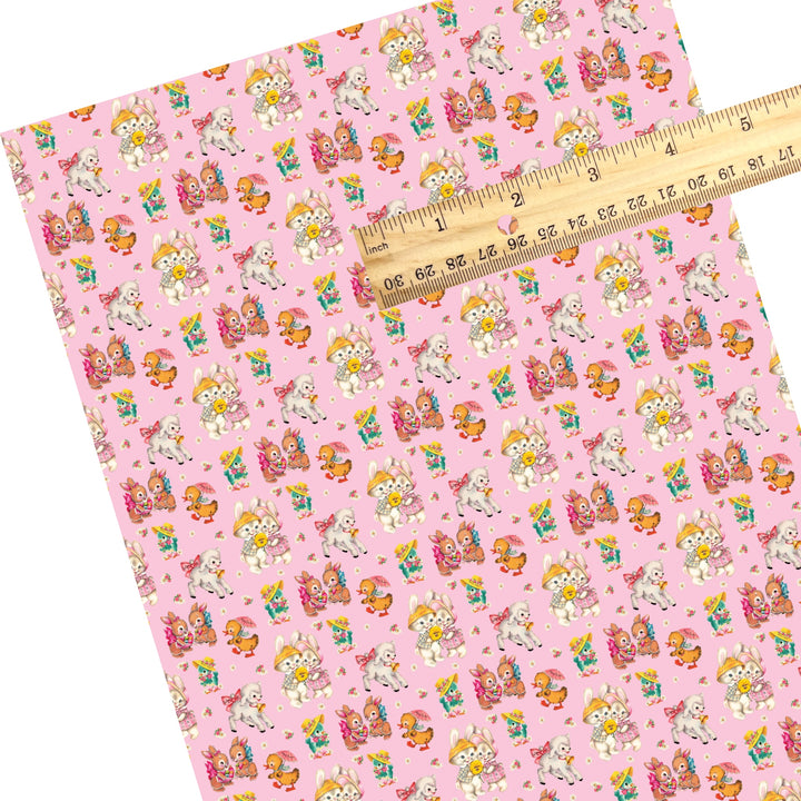 These Easter themed faux leather sheets contain the following design elements: spring vintage animals with flowers, hats, and umbrellas. Our CPSIA compliant faux leather sheets or rolls can be used for all types of crafting projects.