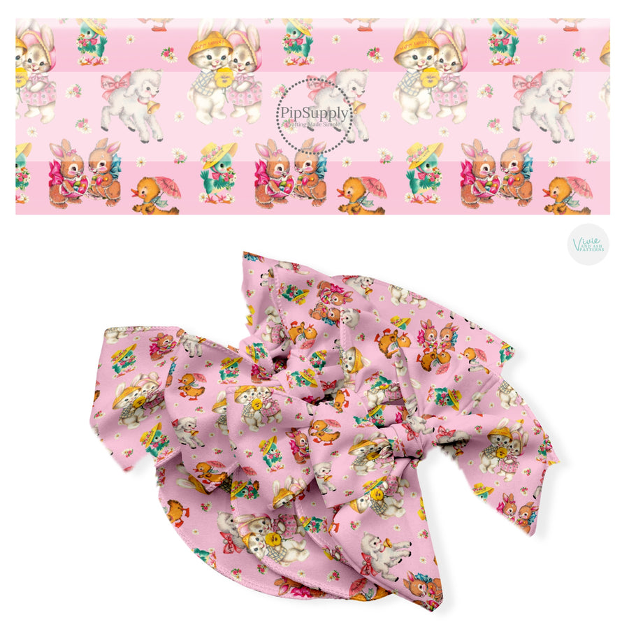 These Easter no sew bow strips can be easily tied and attached to a clip for a finished hair bow. These fun bow strips are great for personal use or to sell. These bow strips feature the following design elements: spring vintage animals with flowers, hats, and umbrellas.