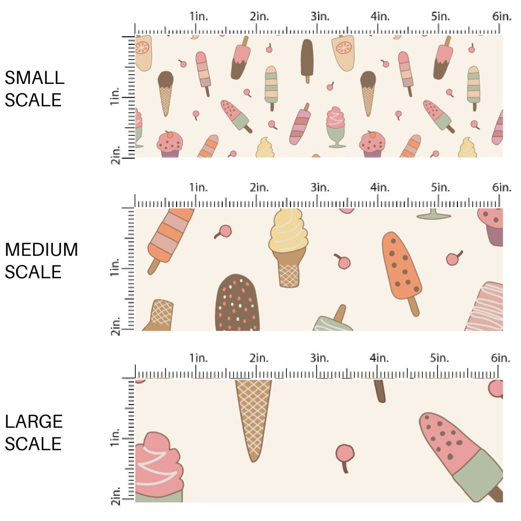 This scale chart of small scale, medium scale, and large scale of this summer fabric by the yard features ice cream and popsicles on cream. This fun themed fabric can be used for all your sewing and crafting needs!