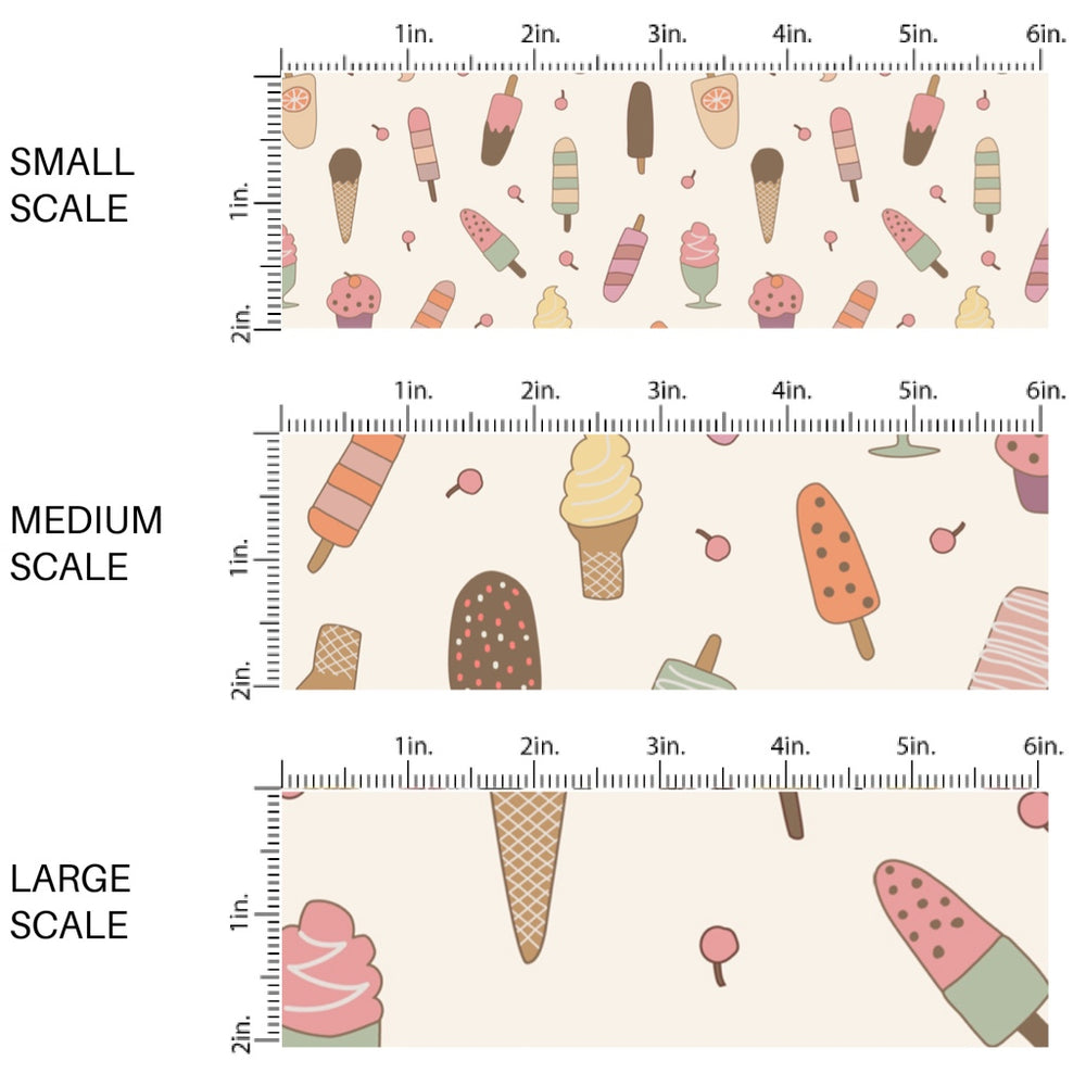 This scale chart of small scale, medium scale, and large scale of this summer fabric by the yard features ice cream and popsicles on cream. This fun themed fabric can be used for all your sewing and crafting needs!