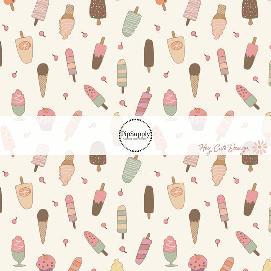 This summer fabric by the yard features ice cream and popsicles on cream. This fun themed fabric can be used for all your sewing and crafting needs!
