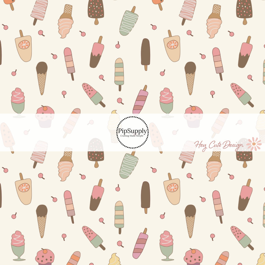 This summer fabric by the yard features ice cream and popsicles on cream. This fun themed fabric can be used for all your sewing and crafting needs!