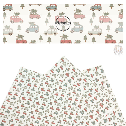 These Christmas themed pattern faux leather sheets contain the following design elements: vintage trucks carrying Christmas trees on cream. Our CPSIA compliant faux leather sheets or rolls can be used for all types of crafting projects.