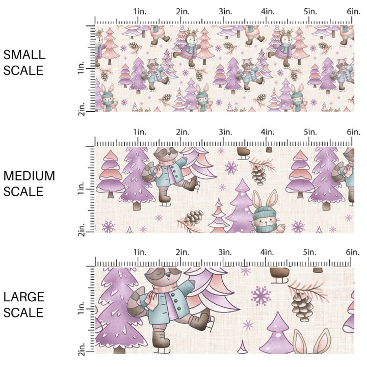 These winter woodland animal themed pattern fabric by the yard features the following design elements: woodland animals with hats, scarves, and ice skates surrounded by winter trees. This fun themed fabric can be used for all your sewing and crafting needs!