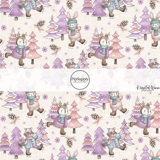 These winter woodland animal themed pattern fabric by the yard features the following design elements: woodland animals with hats, scarves, and ice skates surrounded by winter trees. This fun themed fabric can be used for all your sewing and crafting needs!