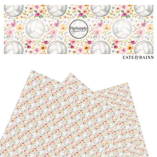 These spring floral sport pattern themed faux leather sheets contain the following design elements: volleyballs surrounded by flowers on cream. Our CPSIA compliant faux leather sheets or rolls can be used for all types of crafting projects.
