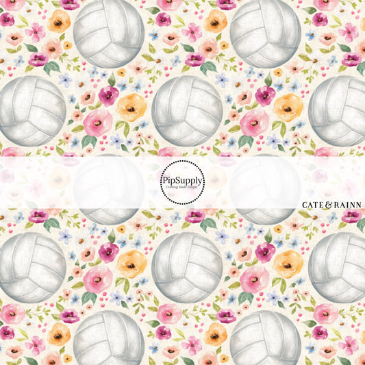 Pastel Florals and Volleyballs on Cream Fabric by the Yard.