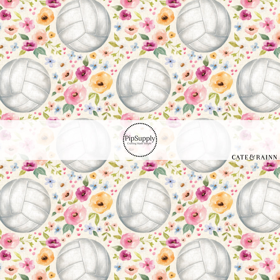 Pastel Florals and Volleyballs on Cream Fabric by the Yard.