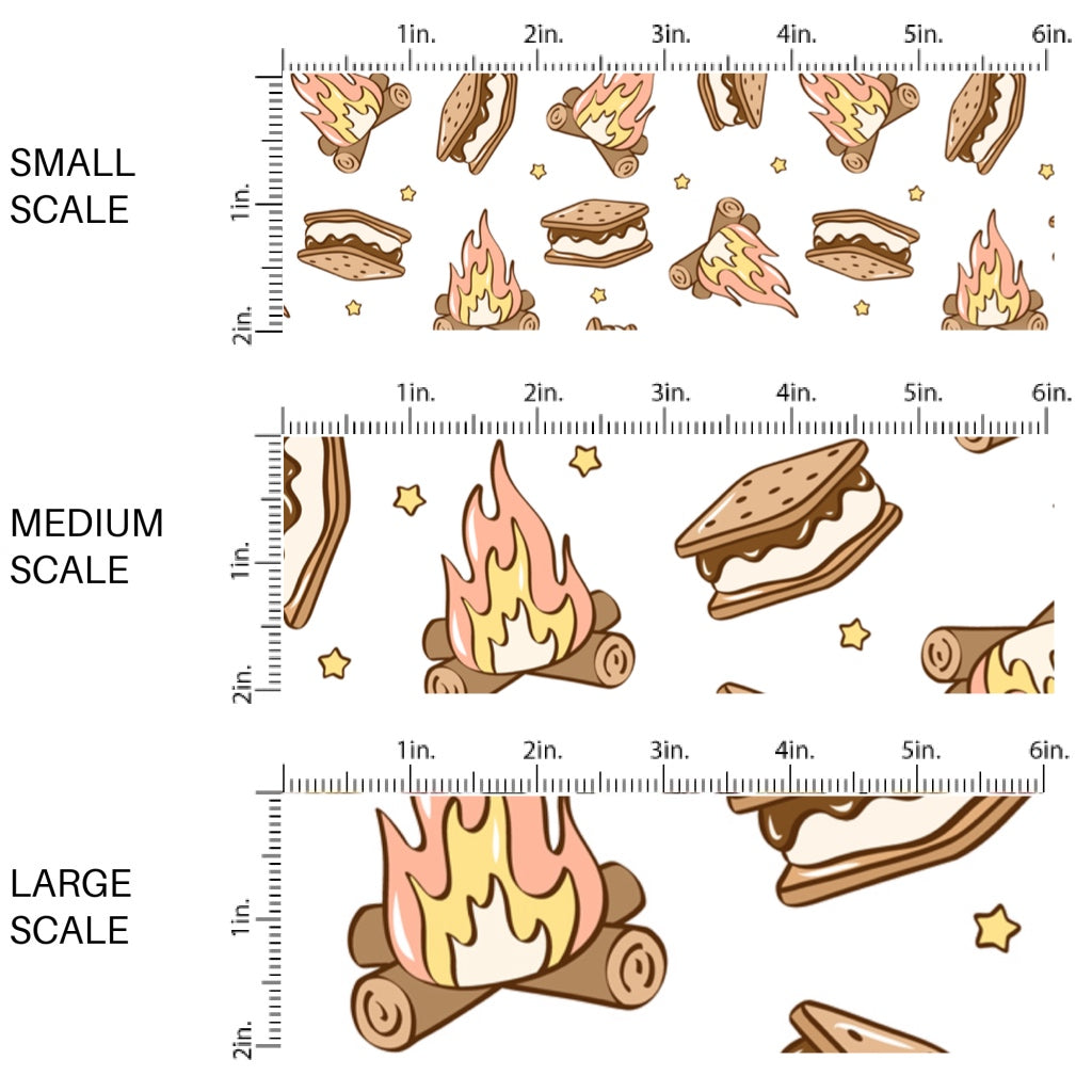 This scale chart of small scale, medium scale, and large scale of this summer fabric by the yard features smores around the fire. This fun summer themed fabric can be used for all your sewing and crafting needs! The designer of this pattern is Julie Storie Designs.