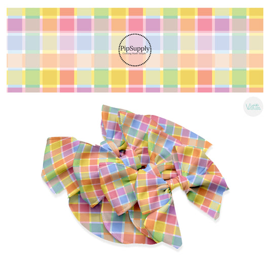 These spring floral pattern themed no sew bow strips can be easily tied and attached to a clip for a finished hair bow. These patterned bow strips are great for personal use or to sell. These bow strips features light pink, light blue, light green, and yellow plaid pattern. 