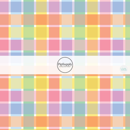 Yellow, Blue, and Pink Plaid Printed Fabric by the Yard.