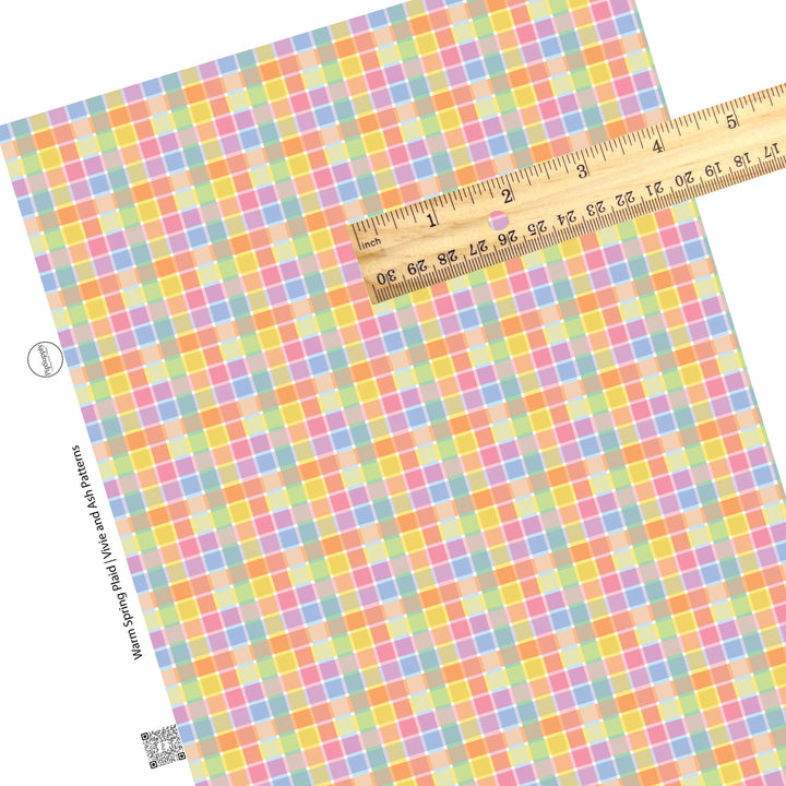 These spring pastel pattern themed faux leather sheets contain the following design elements: light pink, light blue, light green, and yellow plaid pattern. Our CPSIA compliant faux leather sheets or rolls can be used for all types of crafting projects.