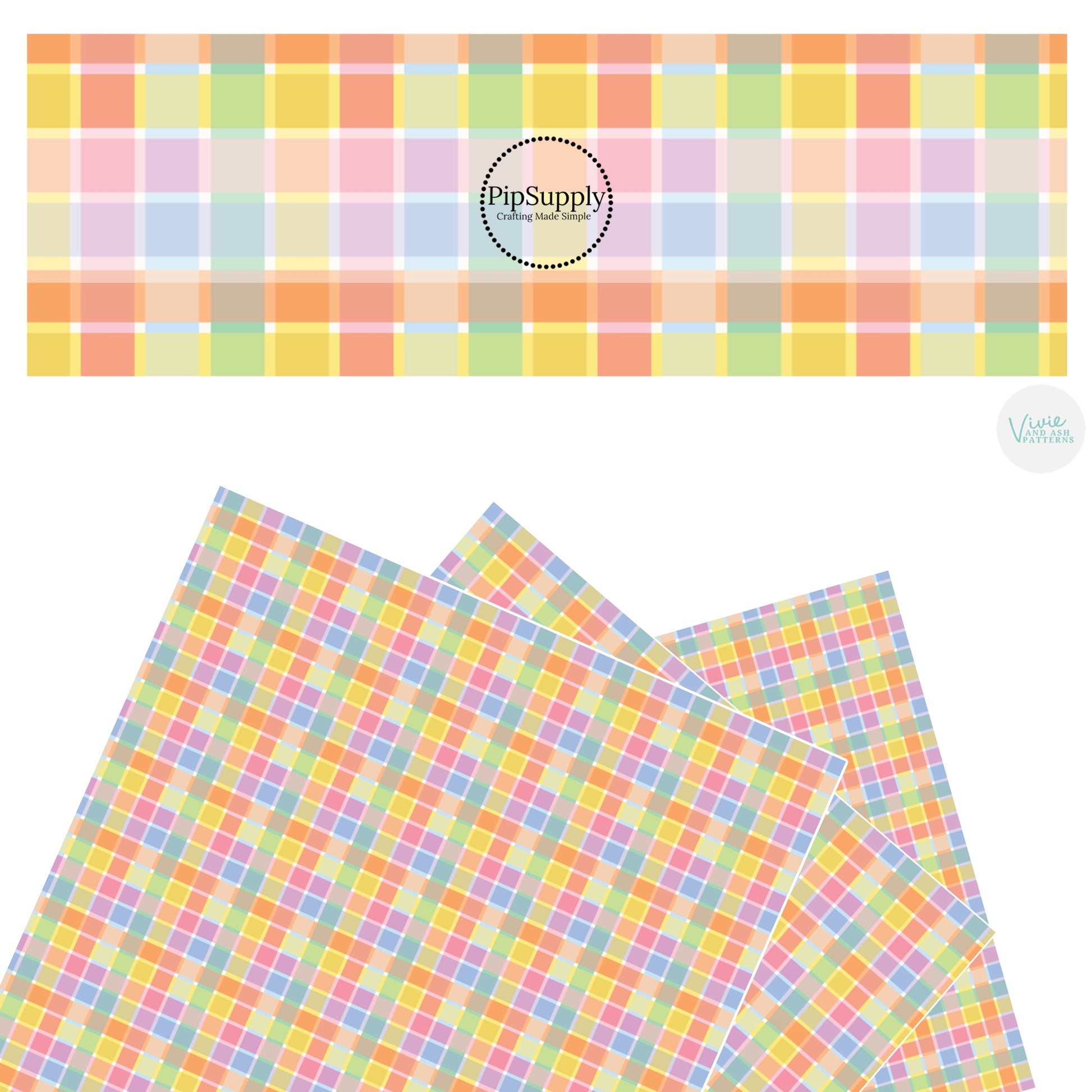 These spring pastel pattern themed faux leather sheets contain the following design elements: light pink, light blue, light green, and yellow plaid pattern. Our CPSIA compliant faux leather sheets or rolls can be used for all types of crafting projects.