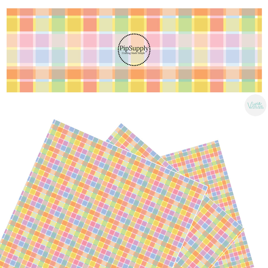 These spring pastel pattern themed faux leather sheets contain the following design elements: light pink, light blue, light green, and yellow plaid pattern. Our CPSIA compliant faux leather sheets or rolls can be used for all types of crafting projects.