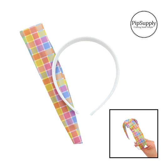 These spring patterned headband kits are easy to assemble and come with everything you need to make your own knotted headband. These kits include a custom printed and sewn fabric strip and a coordinating velvet headband. This cute pattern features light pink, light blue, light green, and yellow plaid pattern.